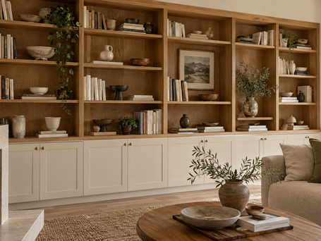 Living room inspiration with fitted oak shelves and concealed storage