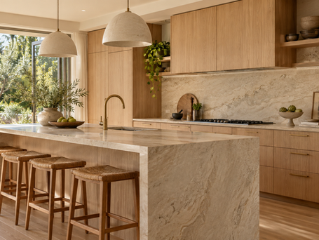 Warm kitchen inspiration with oak cabinetry, pale stone and brass fittings