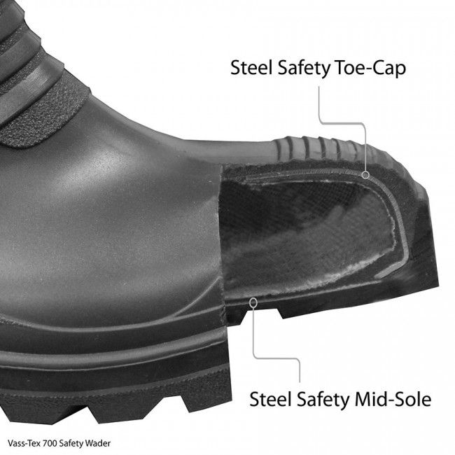 Thumbnail: Vass-Tex 700 Safety Chest Waders with reinforced knees, adjustable chest, and studded or non-studded sole options