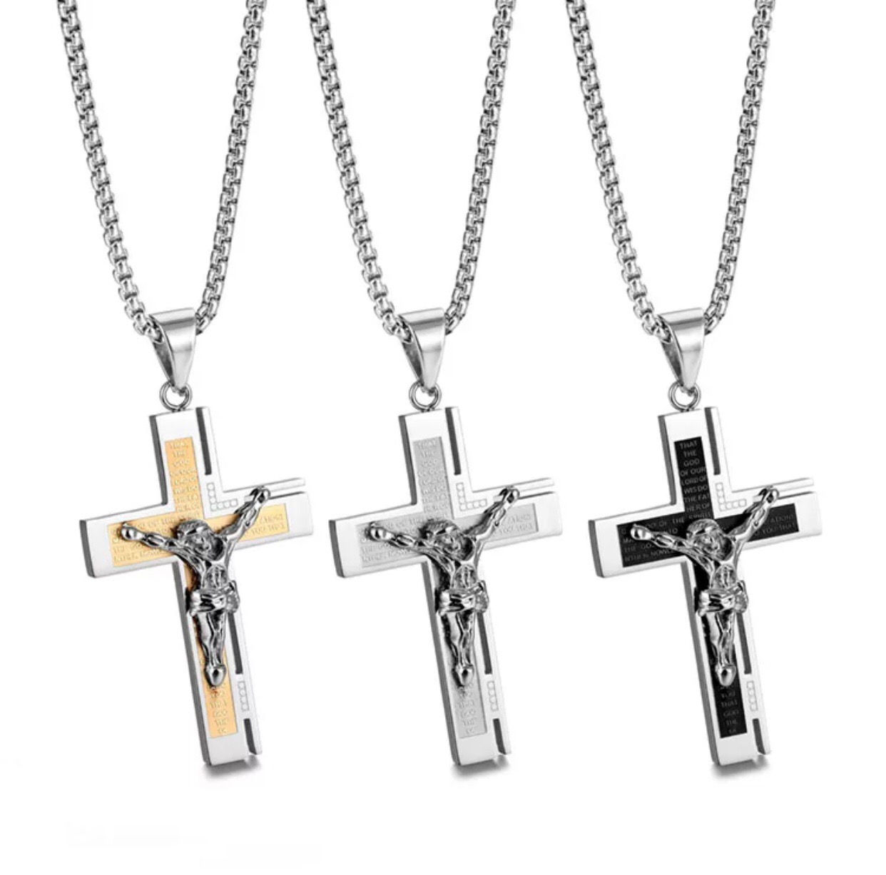 Stainless Steel Two Tone Crucifix With Stainless Steel 22” Chain