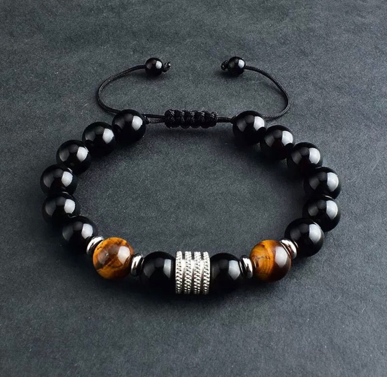 Adjustable 10mm Tiger’s Eye and Black Obsidian Beaded Bracelet with Titanium Spa