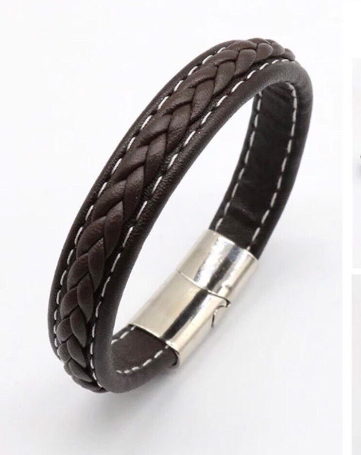 Brown Leather Bracelet With Stainless Steel Clasp