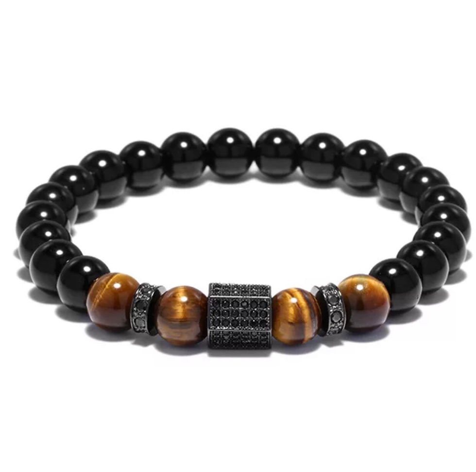 Onyx and Tiger’s Eye 8mm Beaded Bracelet with Micro Pave CZ