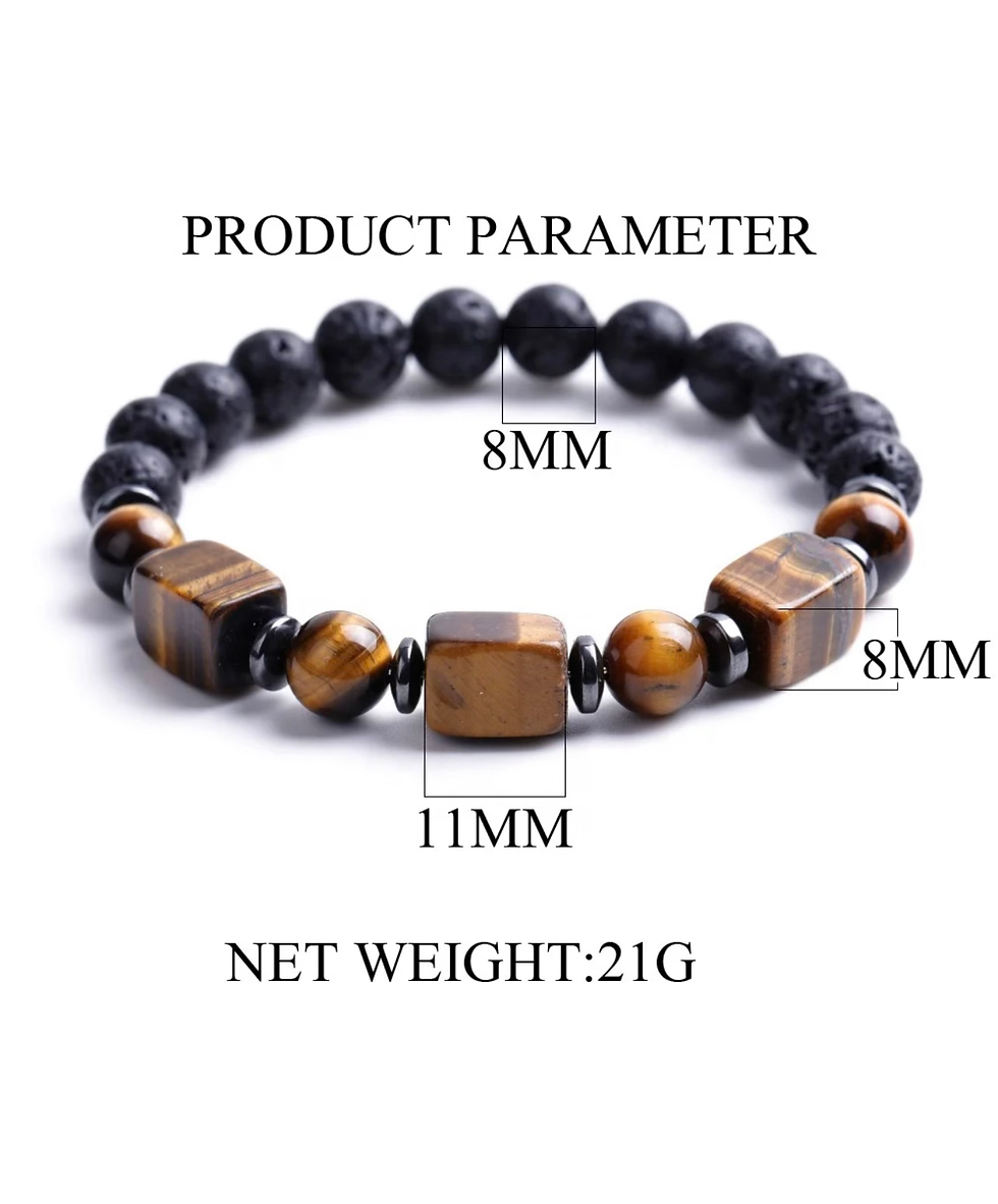 Thumbnail: Cubed Tiger’s Eye and Lava Stone Beaded Bracelet 