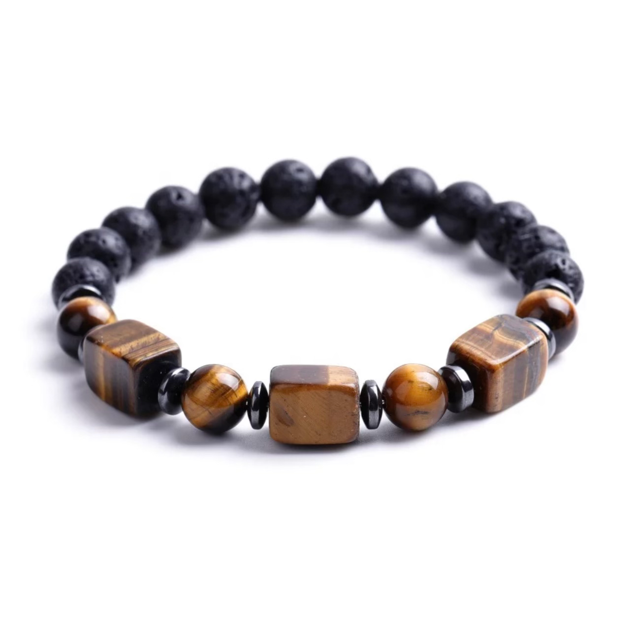 Cubed Tiger’s Eye and Lava Stone Beaded Bracelet