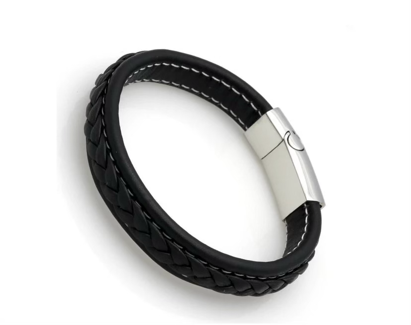 Thumbnail: Black Leather Bracelet with Stainless Steel Magnetic Clasp 