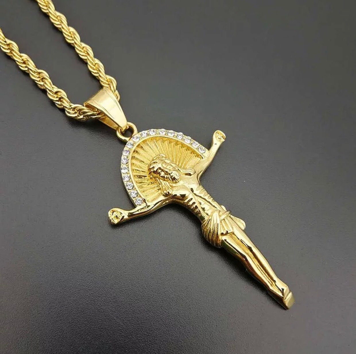 Stainless Steel CZ Jesus Pendant and 22’ Rope Chain