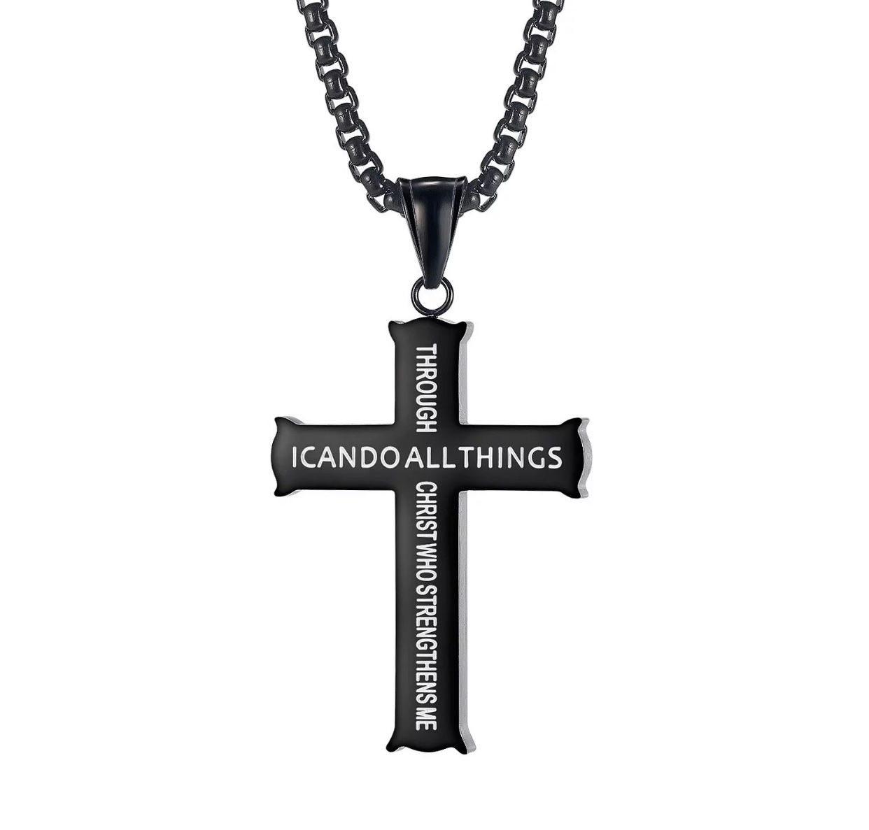 Stainless Steel Black Philippians 4:13 Cross and 24” Chain