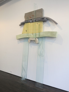 Dave Hardy, Untitled (Hippy Pants), 2013, cement, polyurethane foam, foam, glass, ink, tape, pencil, marker, pretzel, 130 x 79 x 14 inches
