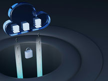 Ilustração 3D de uma nuvem azul brilhante (representando computação em nuvem) contendo três blocos de dados. Abaixo dela, há um espaço circular escuro com duas colunas de luz subindo em direção à nuvem, indicando transferência de dados. Entre as colunas, aparece um cadeado, simbolizando segurança ou proteção de dados na nuvem.
