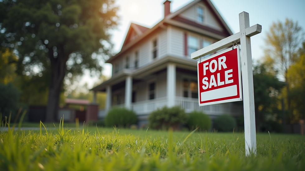 Eye-level view of a residential building with a "For Sale" sign