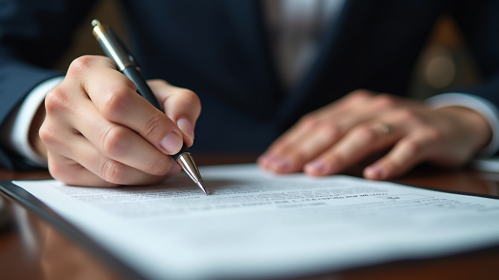 Close-up view of a hand signing a legal document