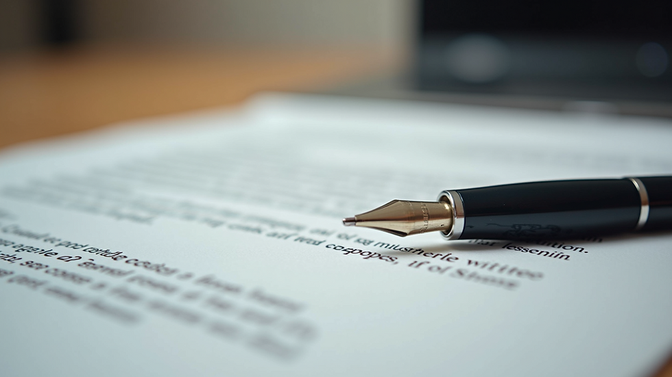 Eye-level view of a legal document and pen on a wooden desk