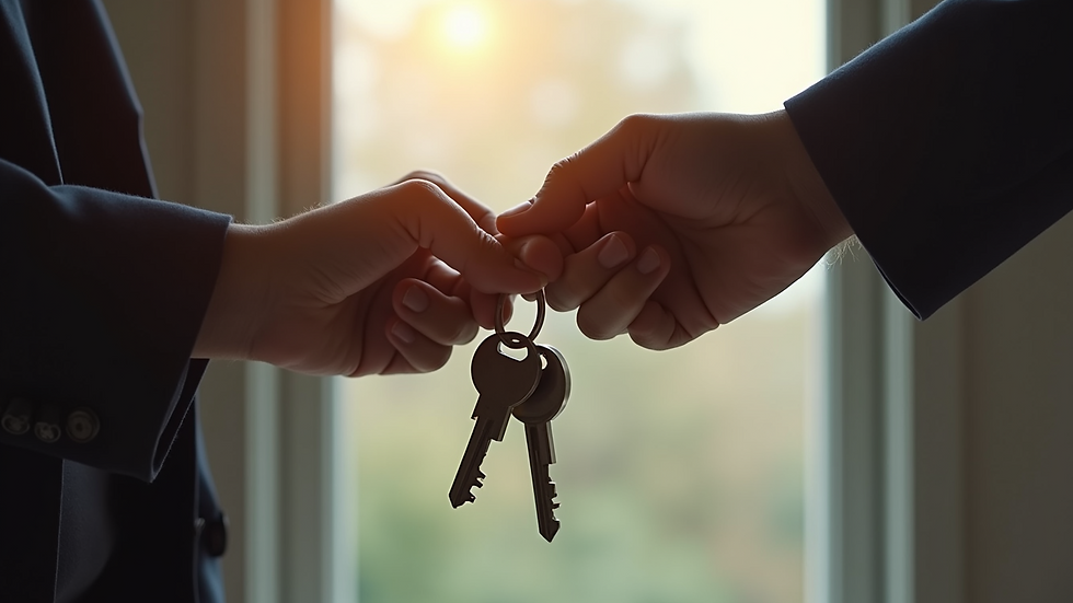 Close-up view of hands exchanging house keys