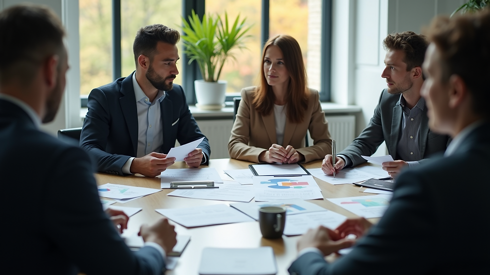High angle view of a business meeting discussing documents