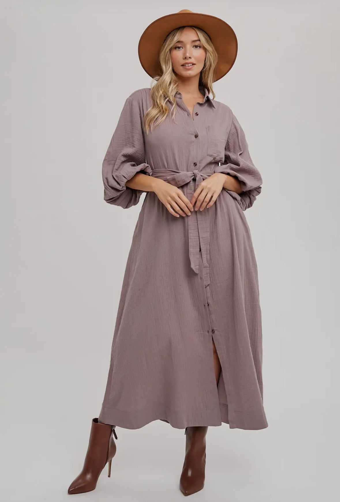 Bubble Sleeve Belted Shirt Dress