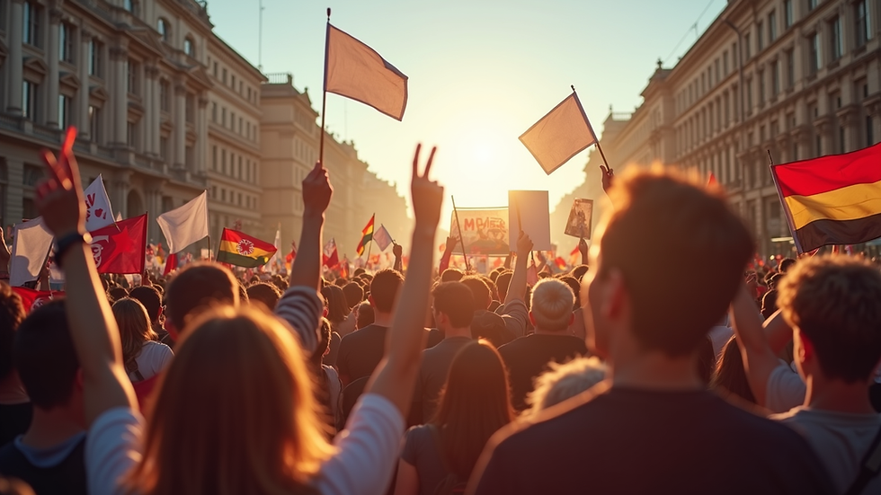Eye-level view of a vibrant political rally with supporters holding banners