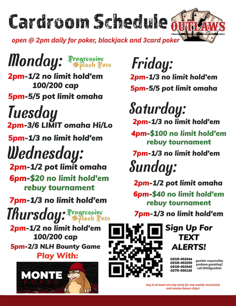 Cardroom Schedule At Outlaws Card Parlor