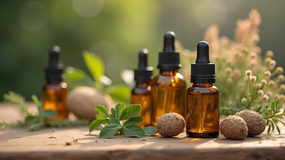 Close-up view of herbal remedies and essential oils arranged on a natural wood surface
