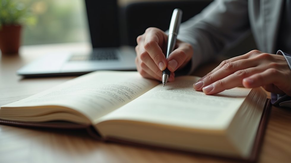 Close-up view of a journal and pen on a wooden desk, symbolising self-reflection