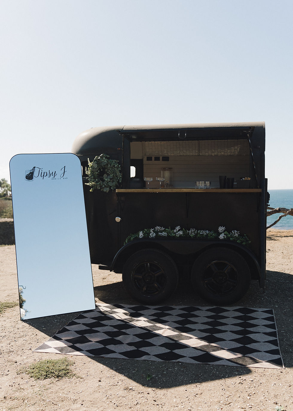 Tipsy J mobile bar trailer with a tall mirror and checkered rug outdoors on a sunny day, landscape.