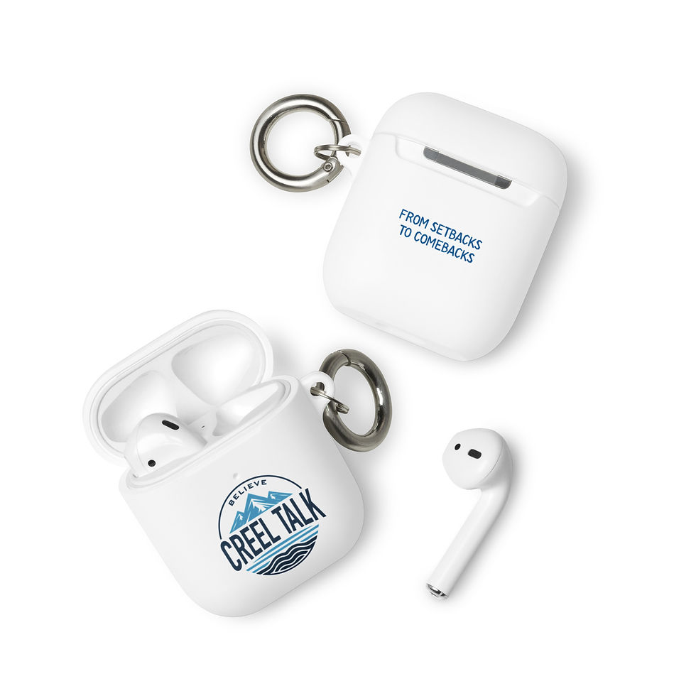 Thumbnail: White AirPods cases with 'CREEL TALK' and 'FROM STREAMS TO SCREENS' designs