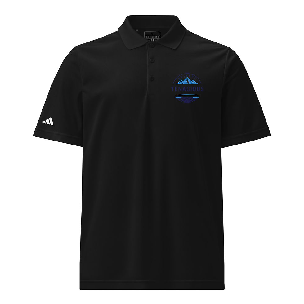 Thumbnail: Black polo shirt with blue chest logo and Adidas logo