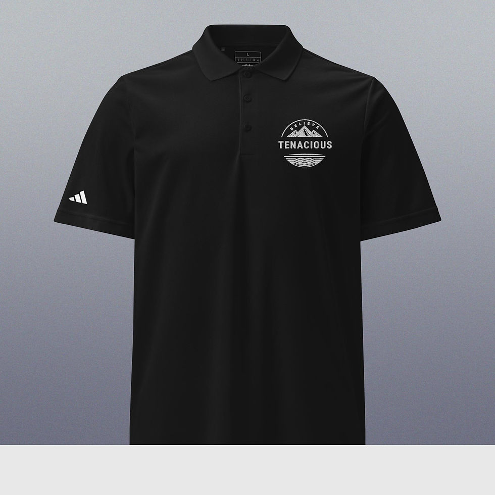 Thumbnail: Black polo shirt with Tenacious and Adidas logos