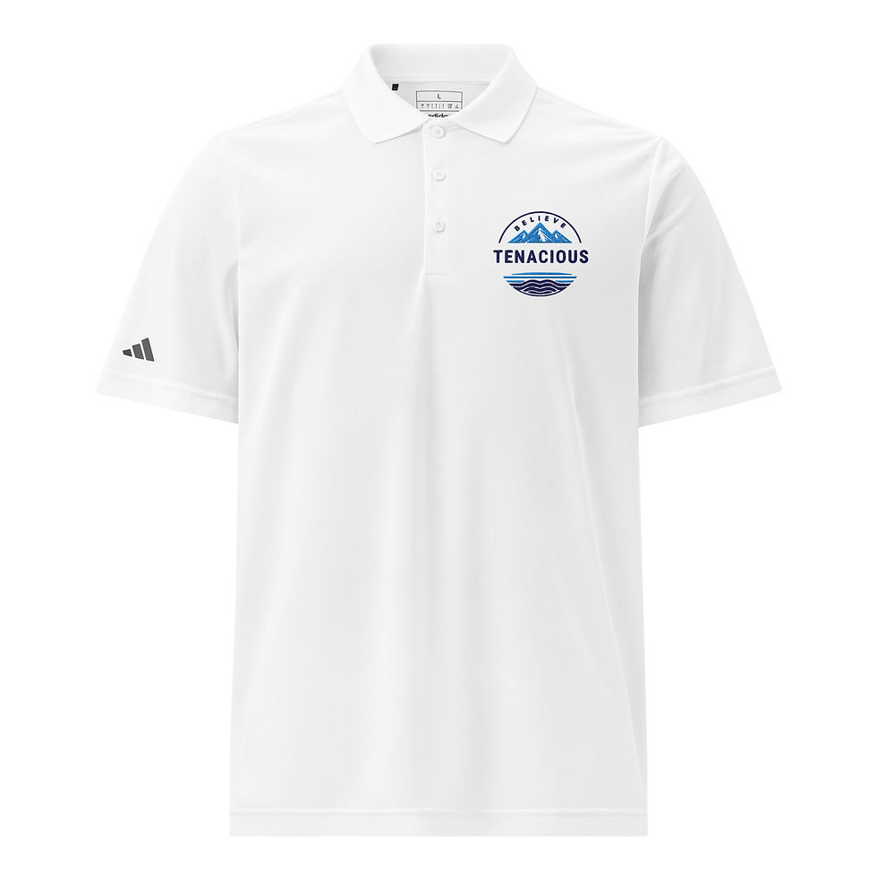 Thumbnail: White Adidas polo shirt with circular Tenacious mountain logo
