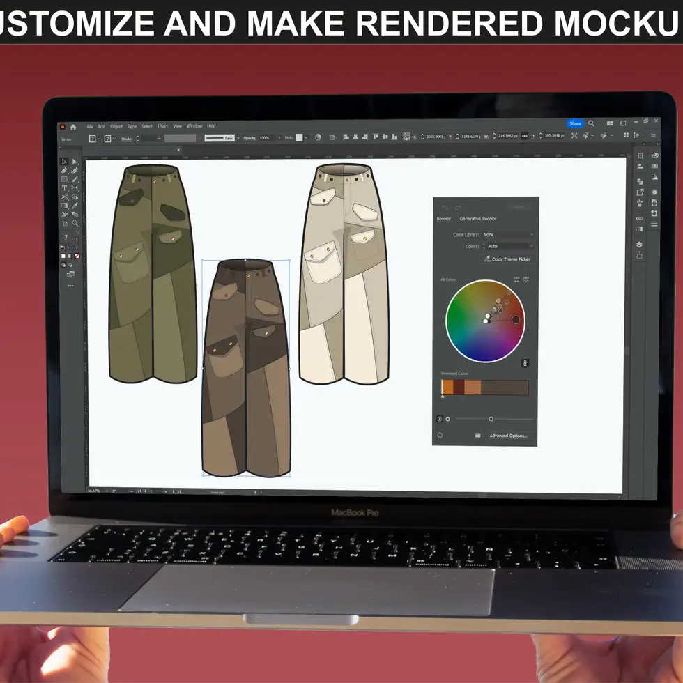 fupstudio Cargo Pants Mockups shown in Adobe Illustrator with color editing tools for customizing vector pants mockups