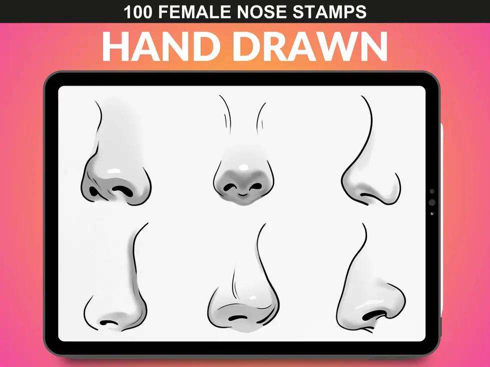 FUPstudio hand-drawn Procreate nose stamps set displaying expressive and detailed female nose variations for digital art.