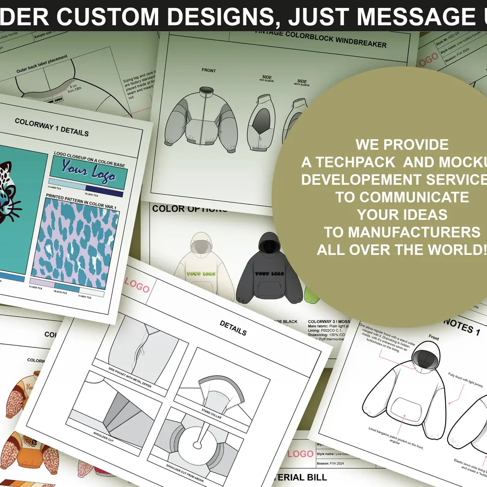 FUPstudio bomber mockups service page offering custom tech packs and production sheets