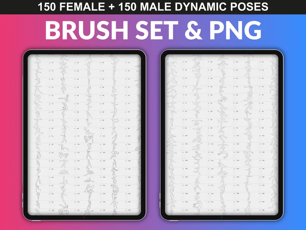 FUPstudio Dynamic Poses brush set preview, 150 female and 150 male pose thumbnails