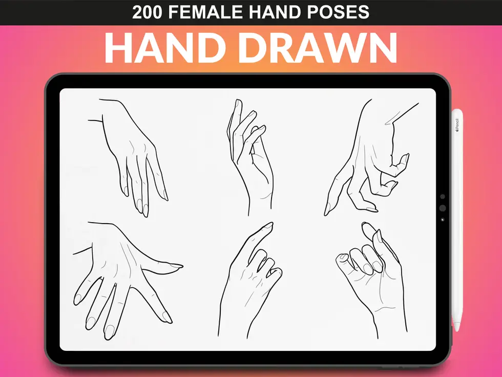 Detailed and expressive female hand poses Procreate stamps for sketching and illustration.