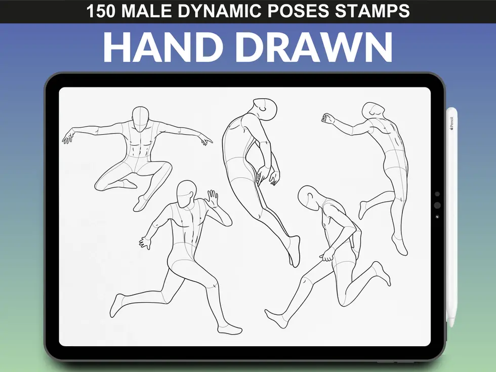 Action-oriented male figure poses – FUPstudio Male Dynamic Poses stamps for Procreate