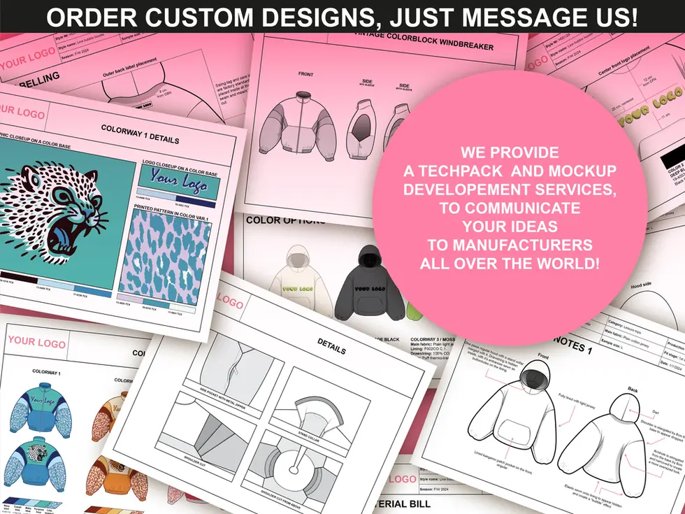 Tech pack example pages with hat mockups by FUPstudio for production-ready fashion files