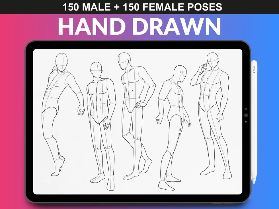 FUPstudio Body Poses Stamp Set – Hand-drawn figure sketches for Procreate, perfect for digital illustrations.
