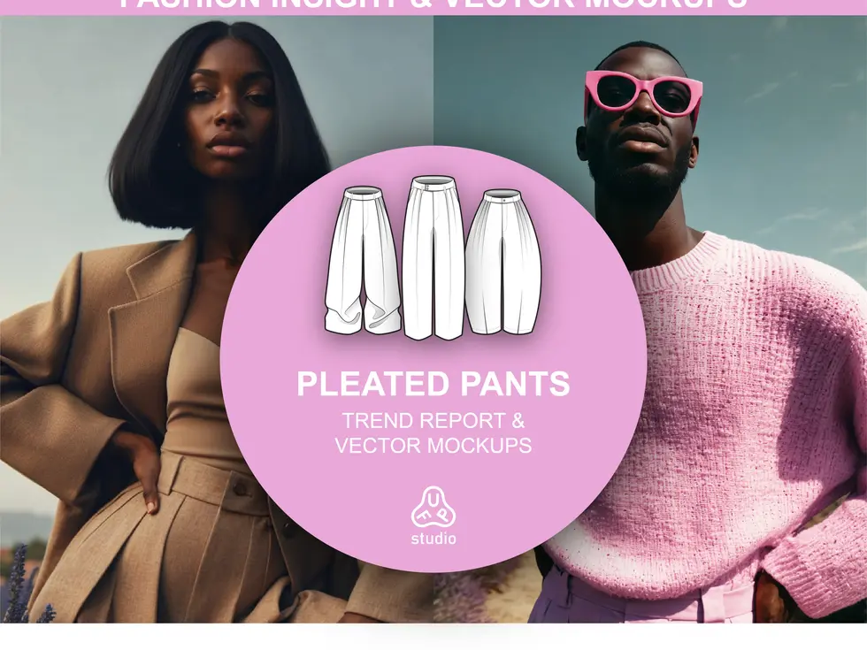 Cover for the Pleated Pants Trend Report, featuring fashion insights and vector mockups.