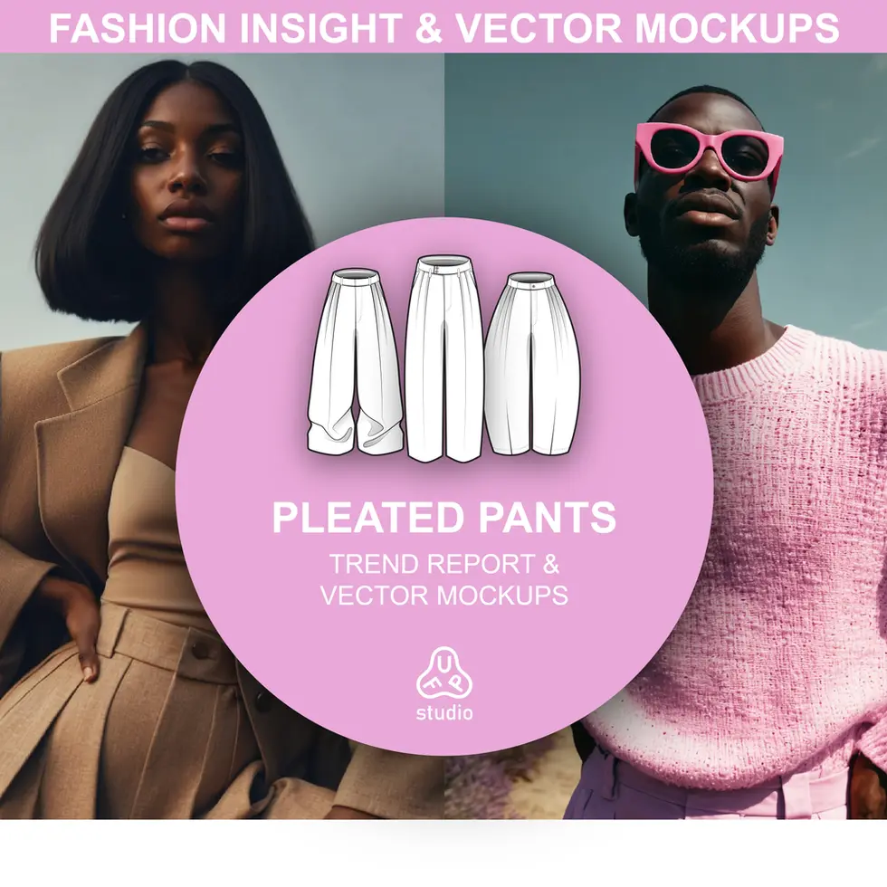 Cover for the Pleated Pants Trend Report, featuring fashion insights and vector mockups.