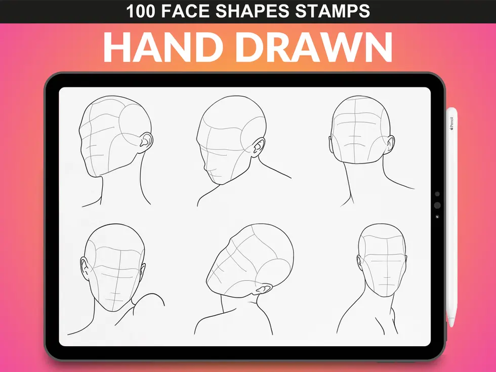 FUPstudio Hand-Drawn Female Head Stamps set showcasing structured face templates for character design.