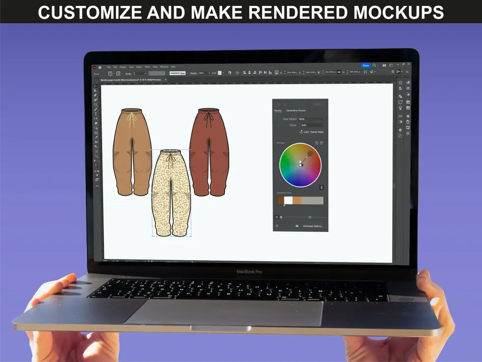 Fully customizable sweatpants mockups in Adobe Illustrator from FUPstudio Sweatpants Mockups Bundle.