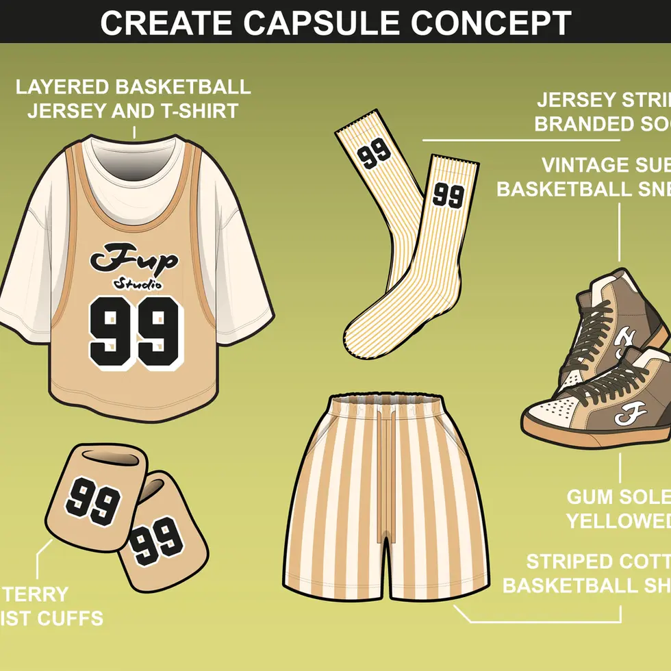 Create capsule outfit using FUPstudio T-Shirt Mockups, illustrated with shorts and accessories
