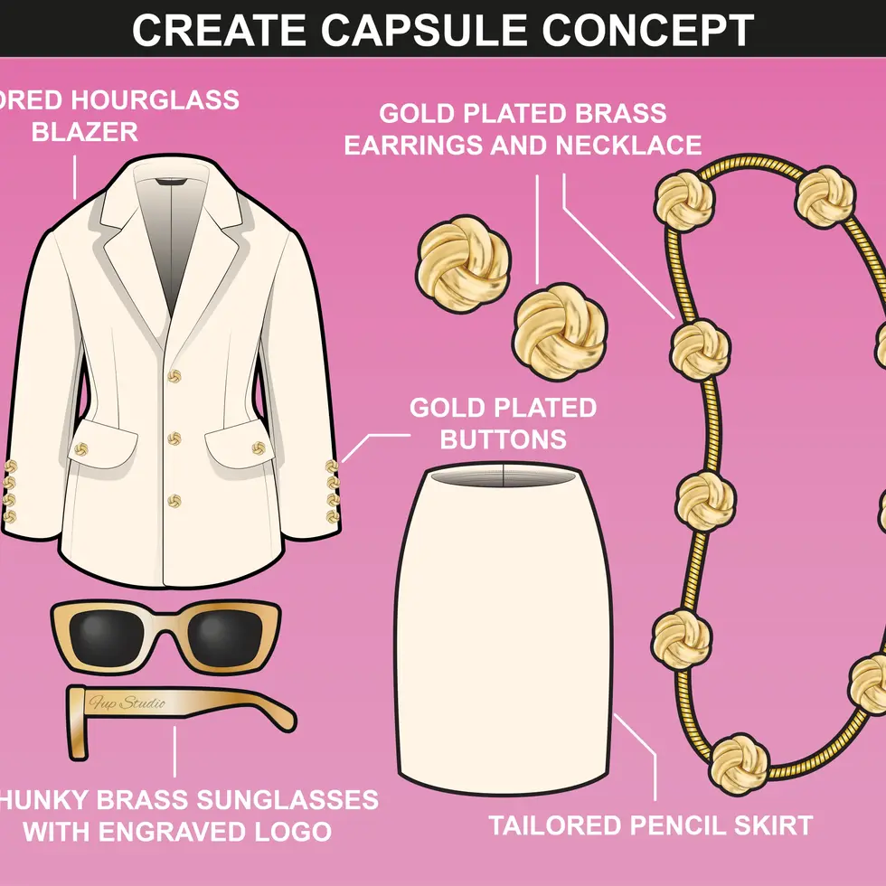 Fashion capsule concept using FUPstudio button mockups, including a tailored blazer and matching accessories.