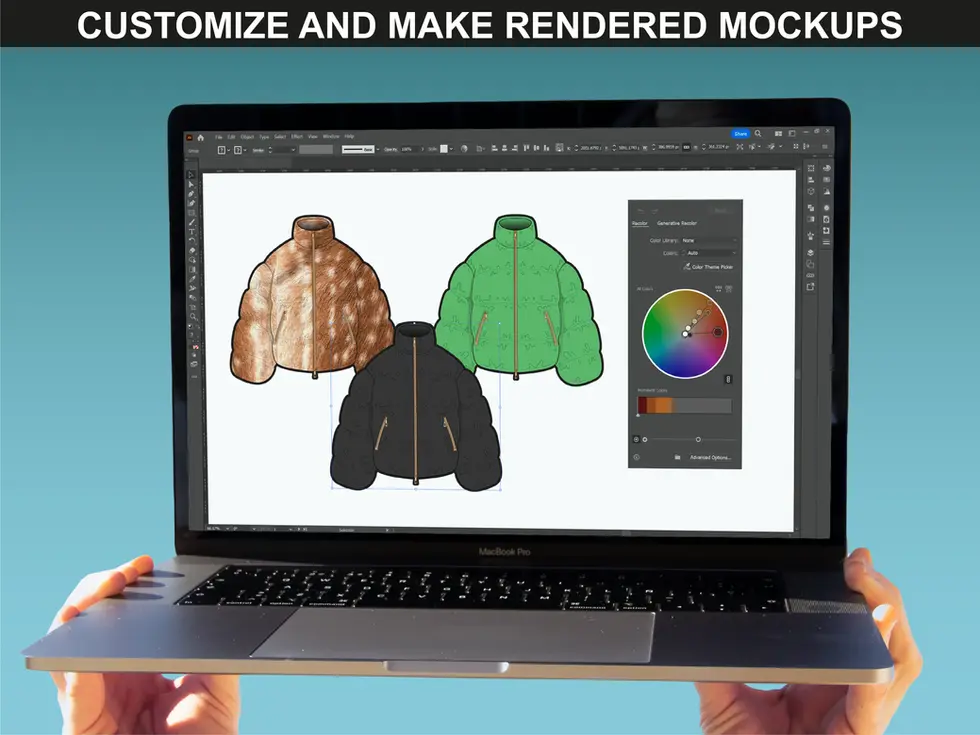 fupstudio puffer jacket mockups editable colored flats shown on Illustrator screen