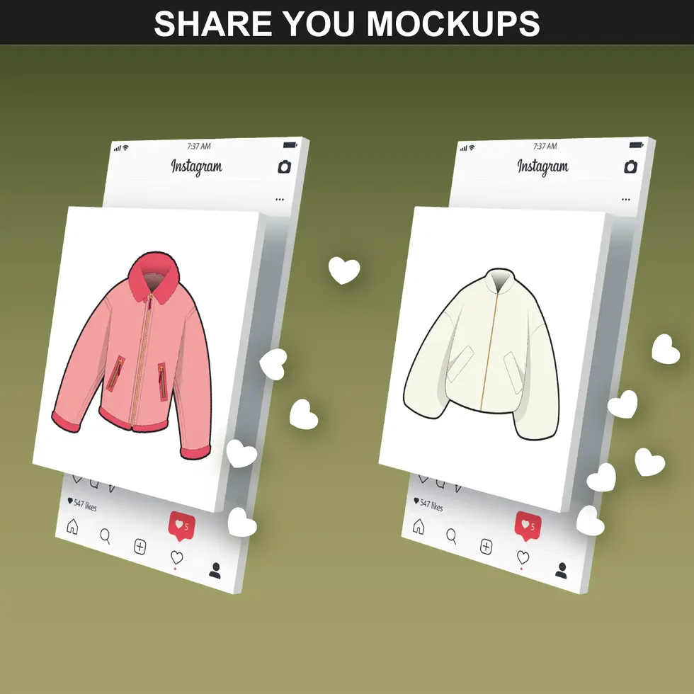 Instagram layout showing FUPstudio bomber mockups in beige and pink for portfolio sharing