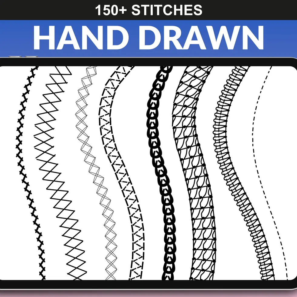 FUPstudio Procreate Stitches Brushes demo – examples of decorative stitch patterns and embroidery effects