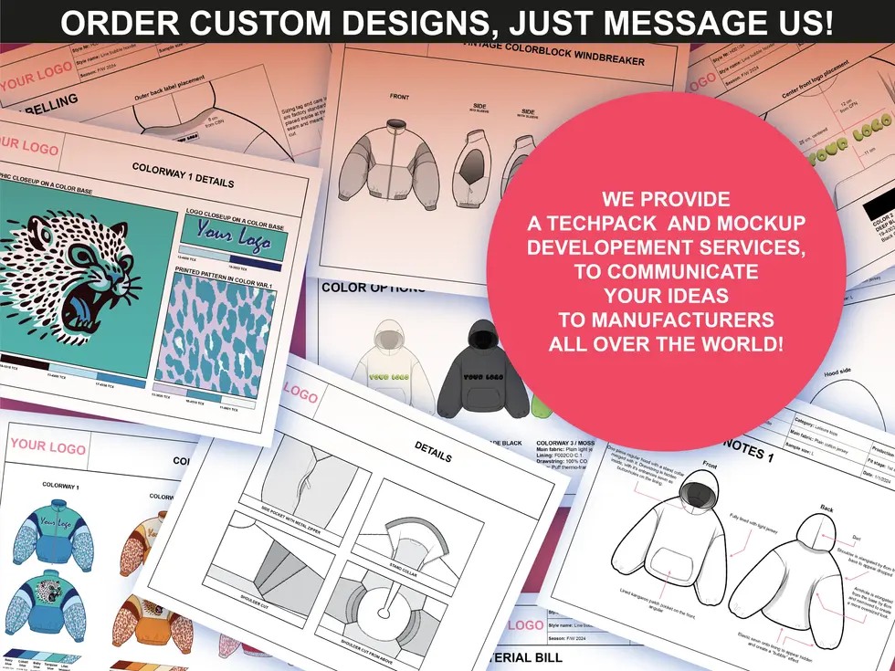 A layout of custom tech pack designs, emphasizing mockup development services for manufacturers.