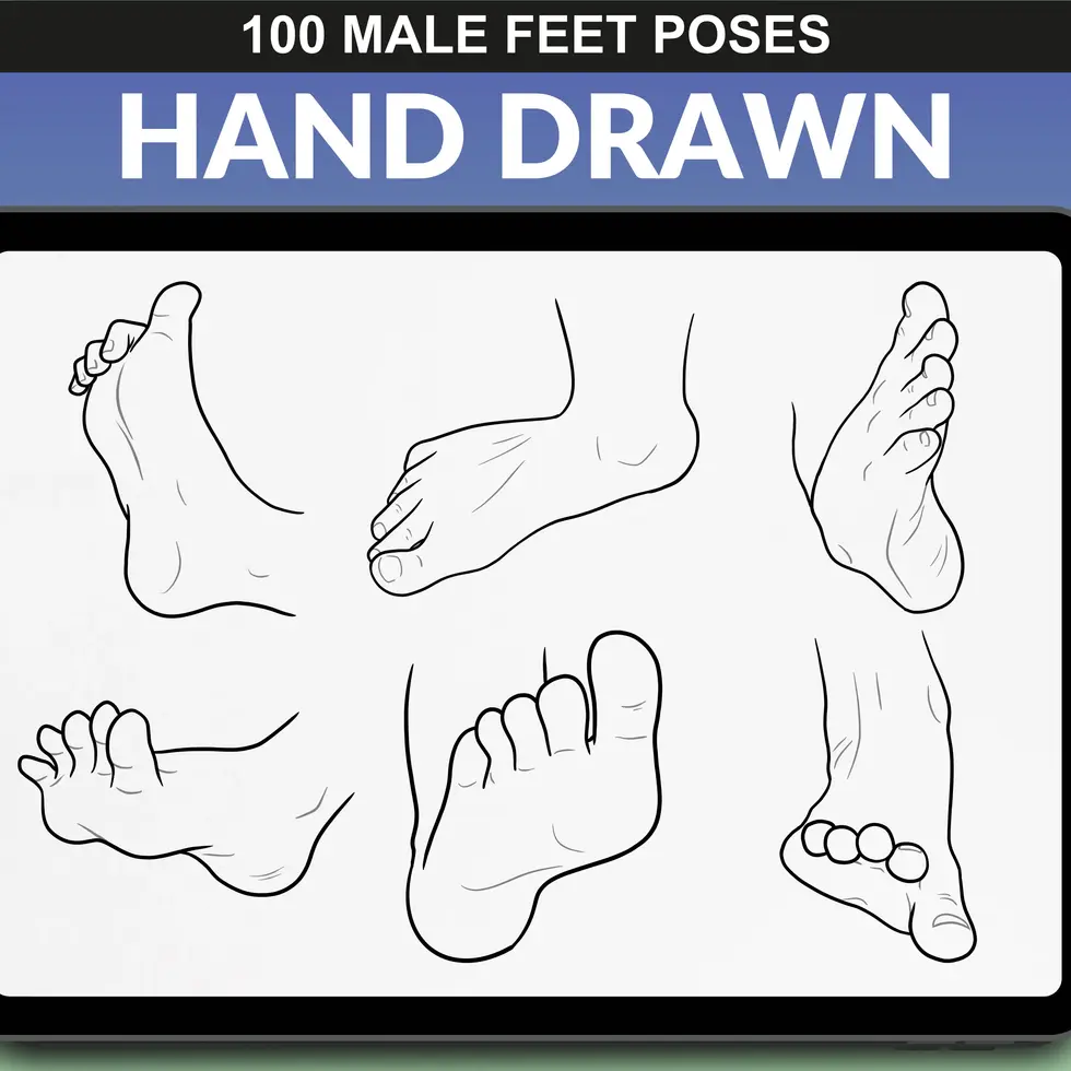 FUPstudio Procreate stamp pack with detailed male feet poses, drawn in different angles
