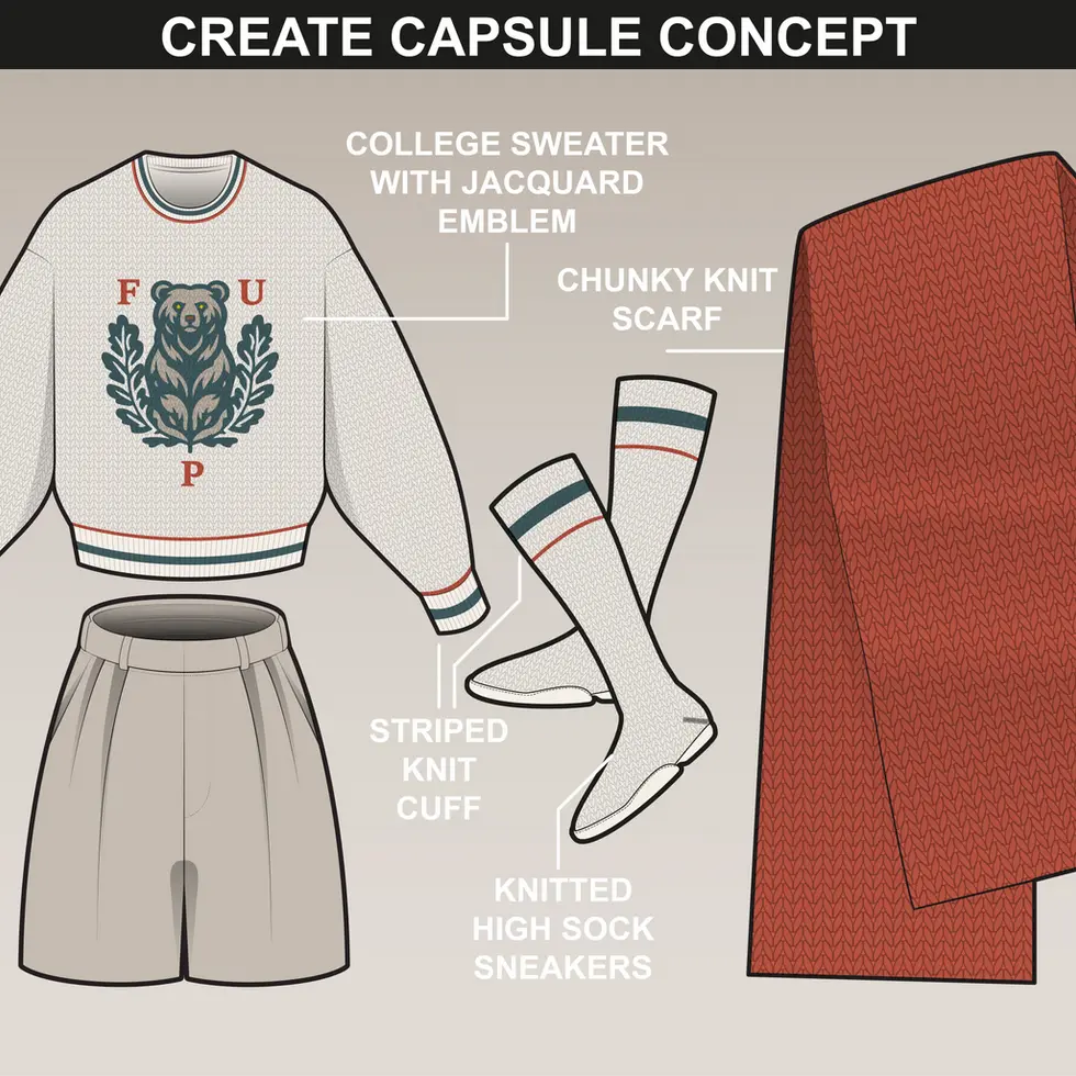 Capsule concept featuring knitwear mockups, including sweaters, scarves, and socks, designed for creative branding.