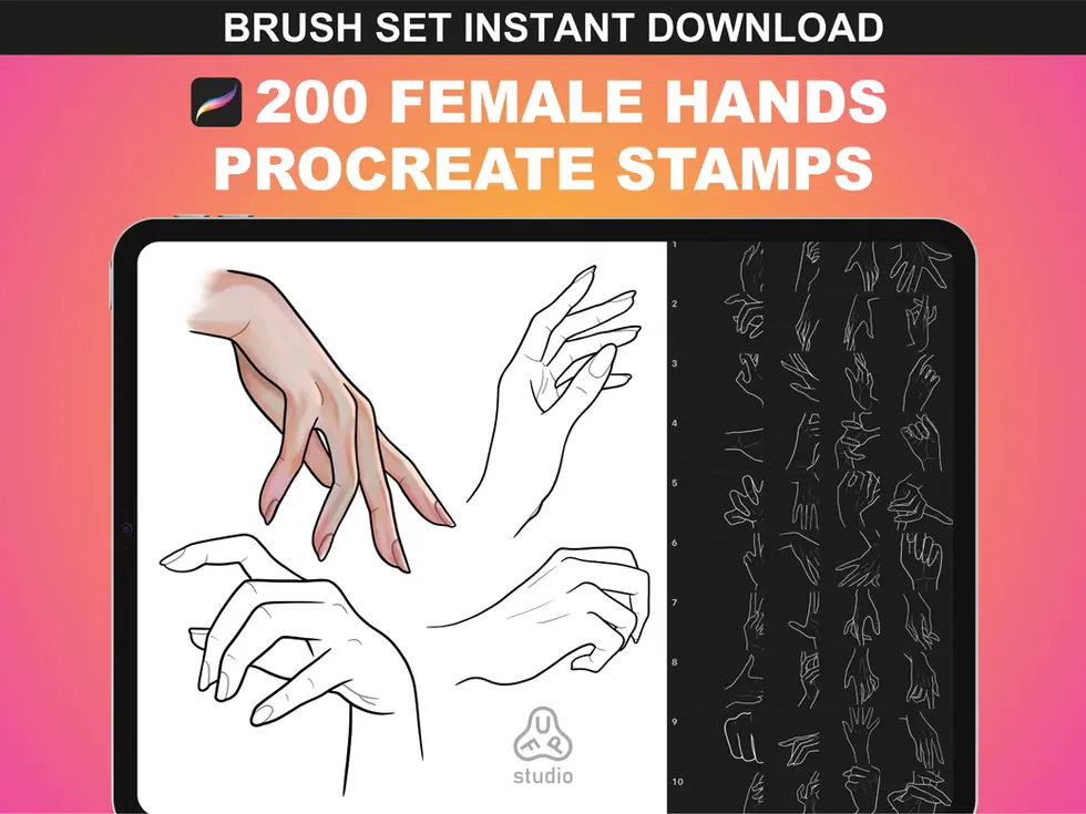 FUPstudio Female Hands Procreate Stamps - 200 hand-drawn female hand poses for digital artists.